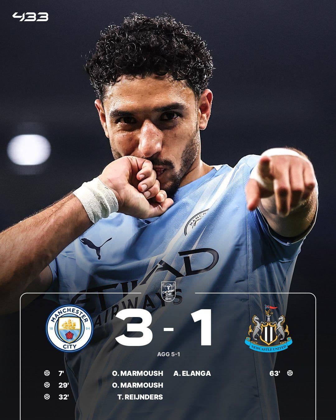 Omar Marmoush của Man City ăn mừng bàn thắng, cùng bảng tỷ số 3-1 trước Newcastle ở bán kết Cúp Liên đoàn.
