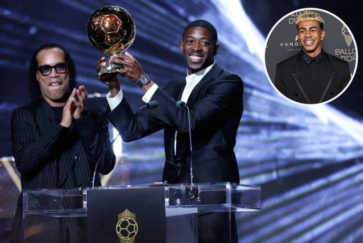 Ousmane Dembélé nâng cao Quả Bóng Vàng 2025, cùng hình ảnh Lamine Yamal.