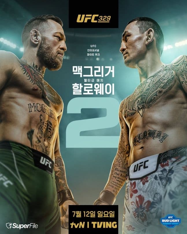 Áp phích quảng bá UFC 329 với Conor McGregor và Max Holloway đối mặt, tượng trưng cho cuộc tái đấu định mệnh.