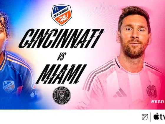 Áp phích trận đấu giữa FC Cincinnati và Inter Miami, với hình ảnh Lionel Messi nổi bật, tượng trưng cho sức hút toàn cầu của anh.