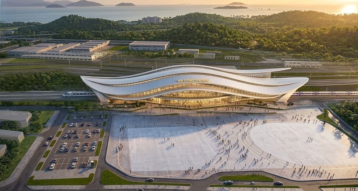 Phối cảnh ga Hạ Long Station hiện đại với kiến trúc mái vòm độc đáo, trung tâm kết nối giao thông mới.
