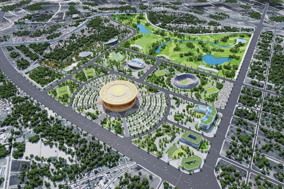 Phối cảnh tổng thể Khu đô thị Thể thao Quốc tế Hà Nội, với sân vận động VinFast - Trống Đồng là trung tâm.