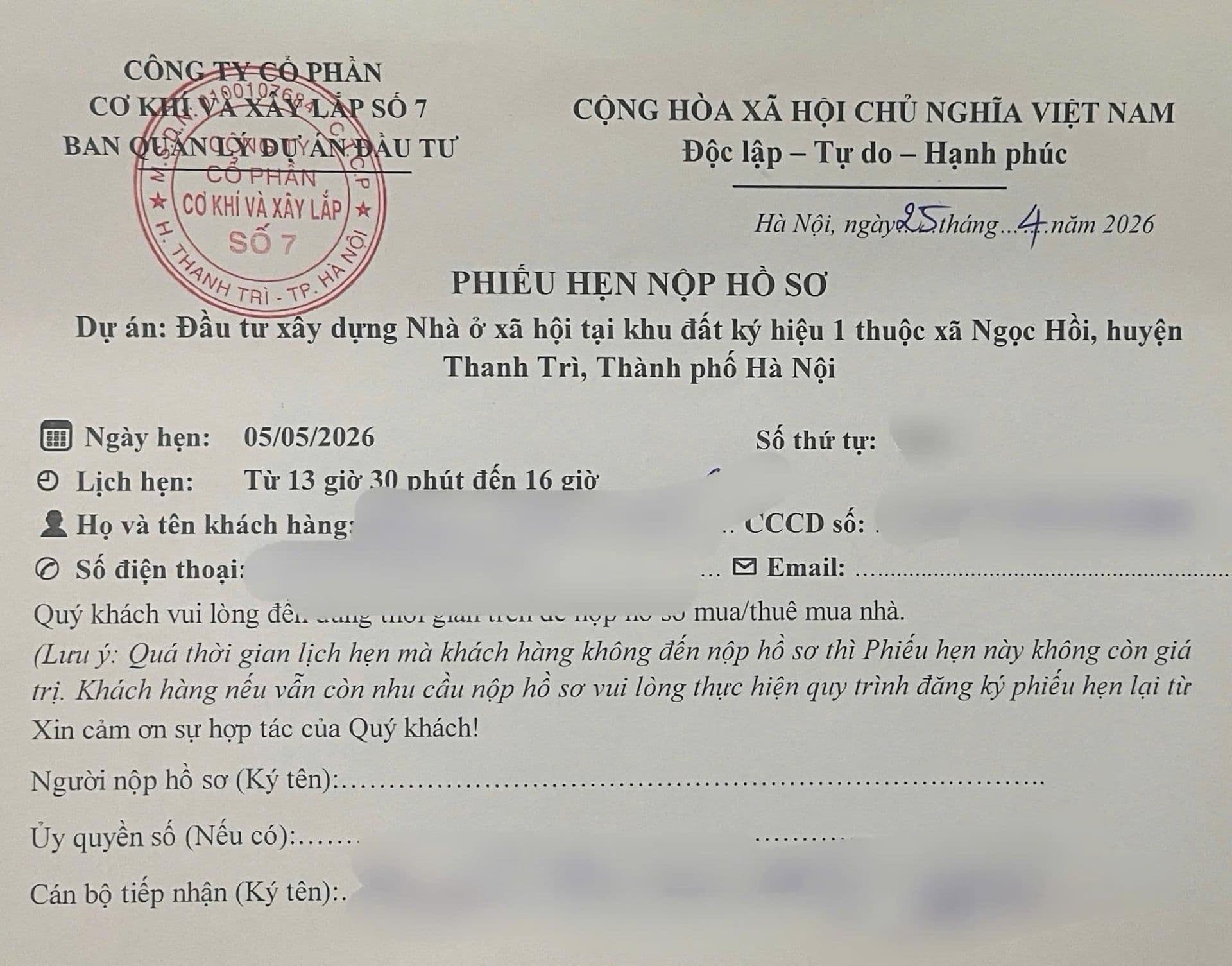 Phiếu hẹn nộp hồ sơ đăng ký mua nhà ở xã hội tại dự án Ngọc Hồi, Hà Nội, minh họa quy trình tiếp cận nhà ở xã hội