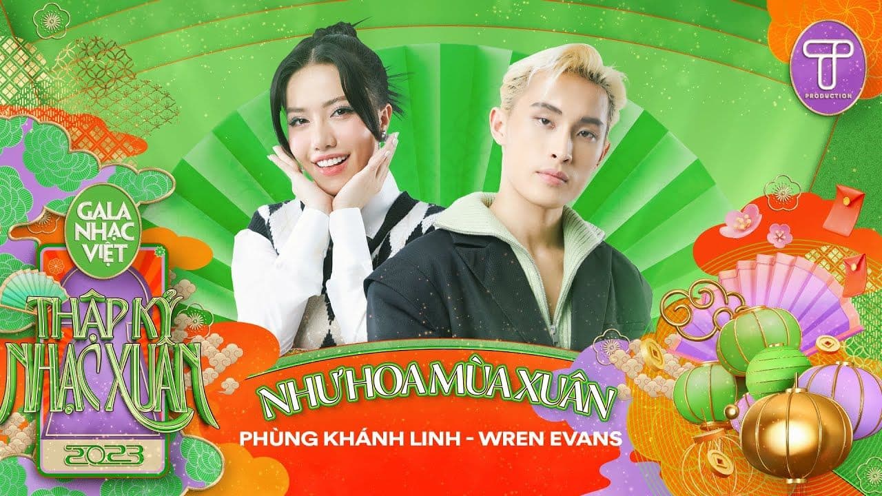 Phùng Khánh Linh và Wren Evans trong Gala Nhạc Việt Thập Kỷ Nhạc Xuân, thể hiện sự giao thoa giữa nhạc Tết truyền thống và hiện đại.