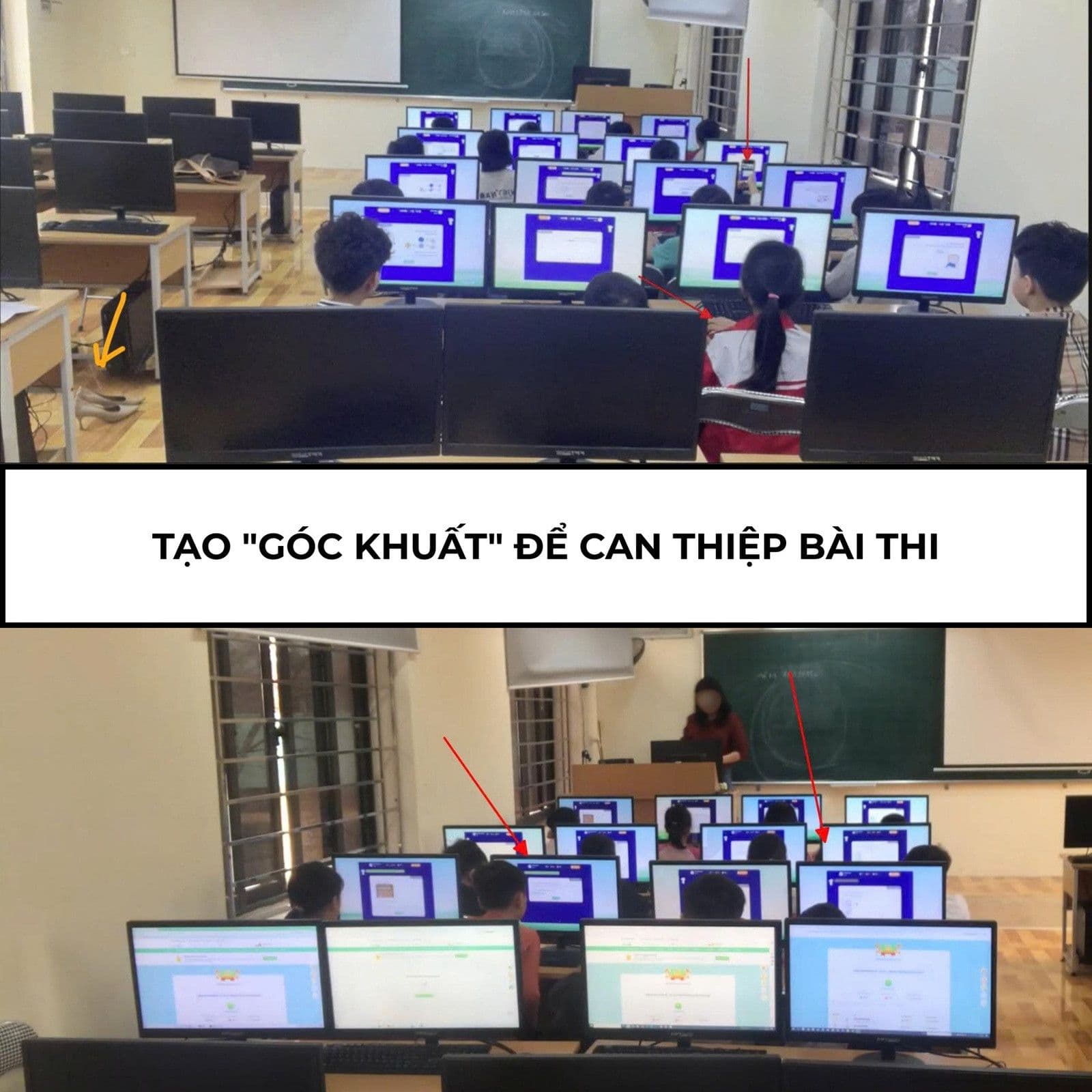 Phòng thi VioEdu với học sinh và máy tính, cho thấy việc tạo 'góc khuất' để can thiệp bài thi.