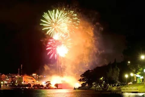 Pháo hoa rực rỡ trên bầu trời đêm, tượng trưng cho khoảnh khắc vỡ òa của niềm vui và những giấc mơ thành hiện thực khi trúng số.