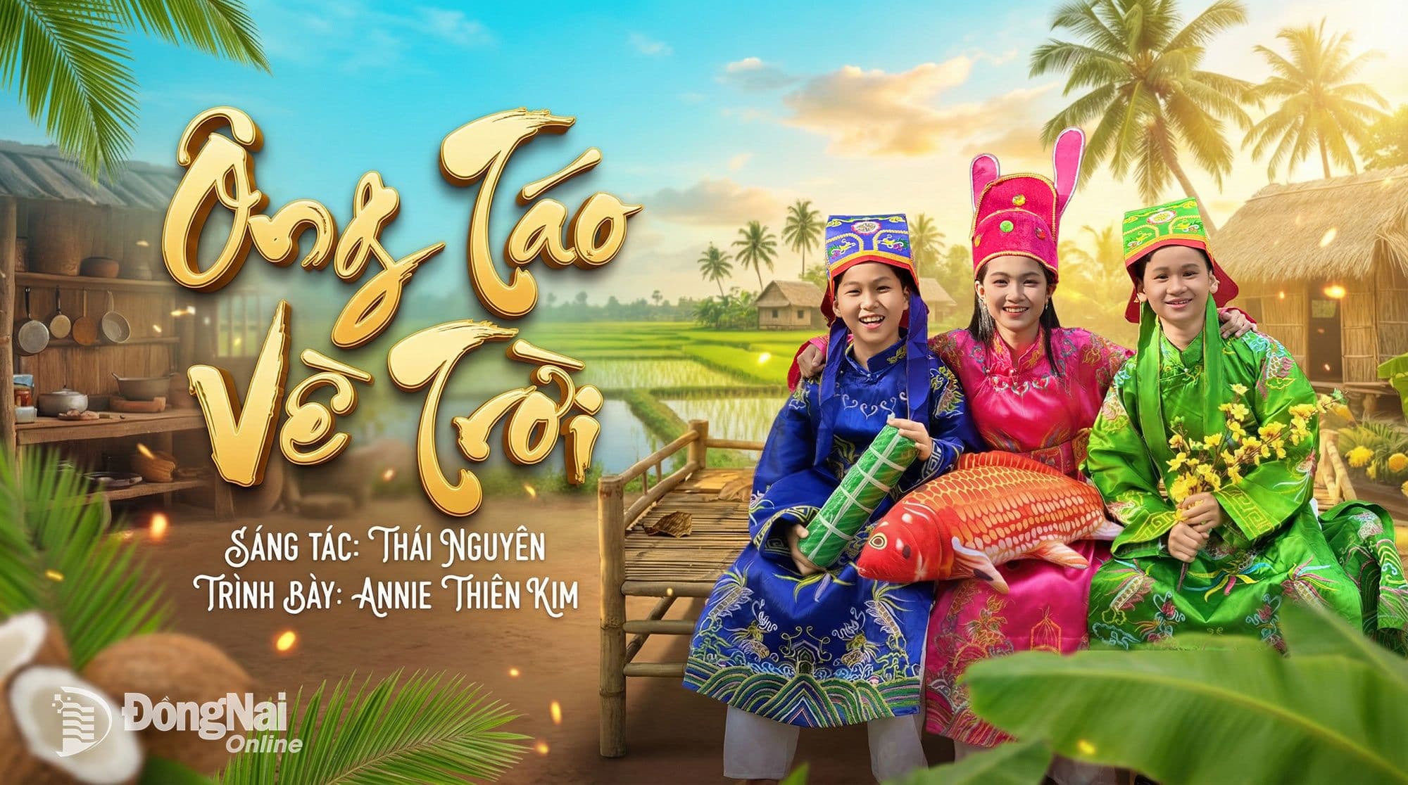 Poster ca khúc "Ông Táo về trời" với hình ảnh ba em nhỏ mặc trang phục truyền thống Việt Nam, cầm bánh chưng và cá chép, tượng trưng cho không khí Tết và nhạc xuân.