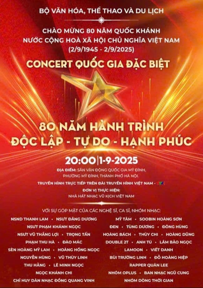 Poster chương trình hòa nhạc quốc gia '80 năm hành trình Độc lập - Tự do - Hạnh phúc' được VTV1 phát sóng.