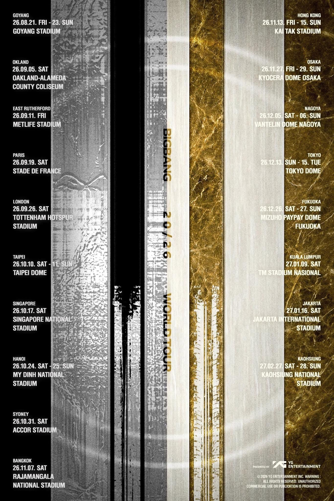 Poster chính thức của BIGBANG World Tour 20/26, liệt kê các thành phố và ngày diễn, bao gồm Hà Nội.