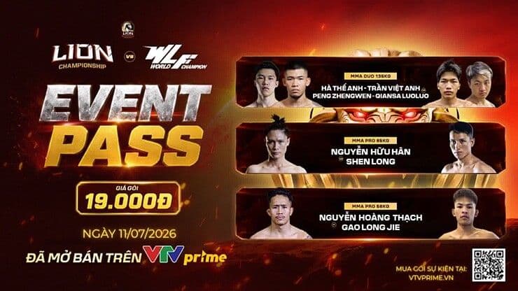 Poster chính thức sự kiện LION vs WLF, thể hiện các võ sĩ Việt Nam và quốc tế