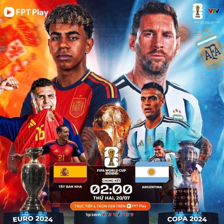 Poster chung kết World Cup 2026 giữa Tây Ban Nha và Argentina, với hình ảnh Messi và Lamine Yamal