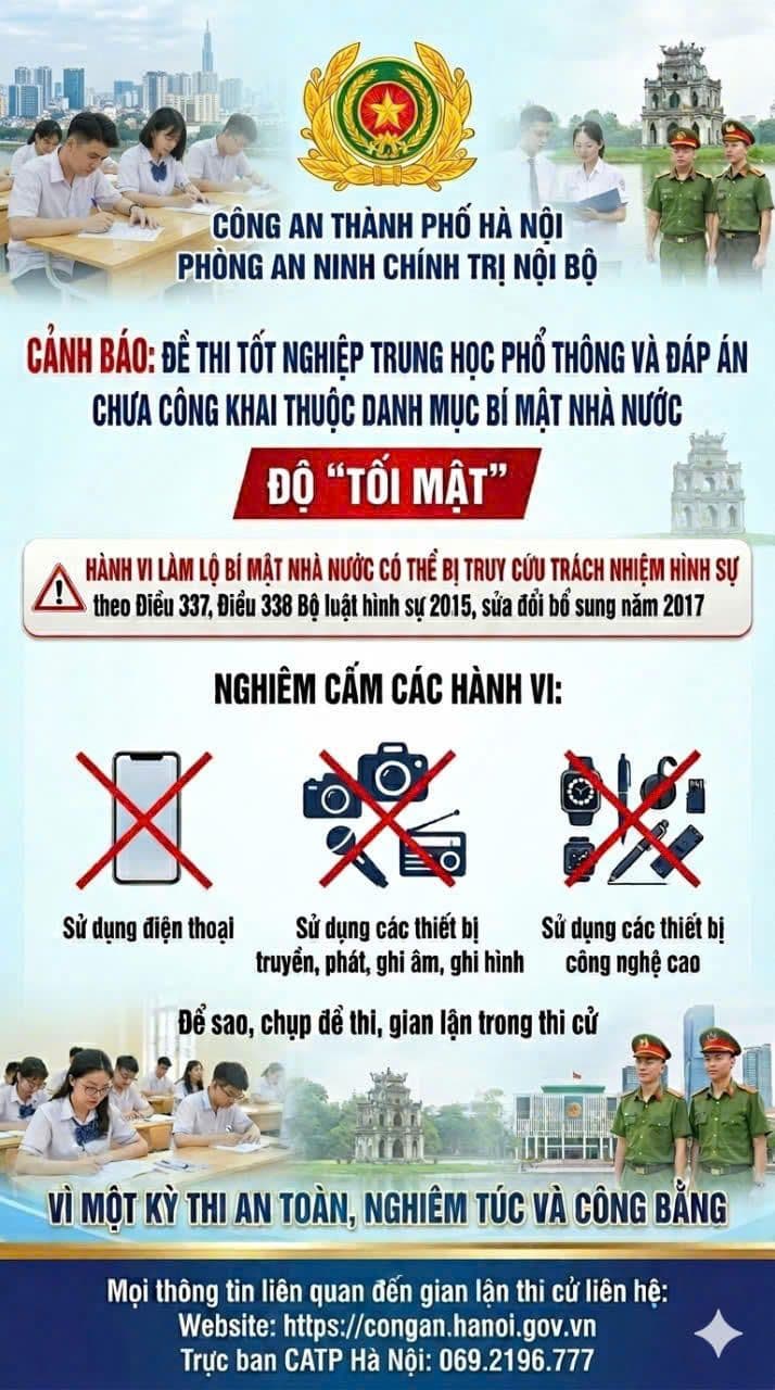 Poster cảnh báo của Công an TP Hà Nội về gian lận thi cử bằng công nghệ cao và hậu quả pháp lý