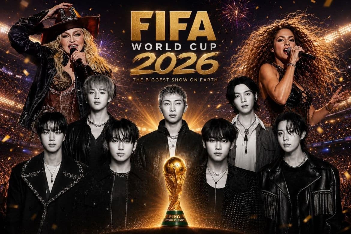 Poster FIFA World Cup 2026 với các nghệ sĩ, minh họa âm nhạc kiến tạo ký ức cộng đồng.