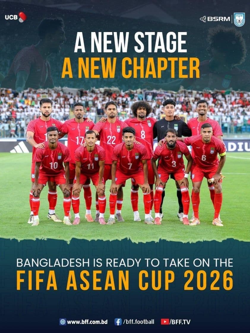 Poster đội tuyển Bangladesh sẵn sàng tham dự FIFA ASEAN Cup 2026, biểu tượng cho khái niệm "khu vực" mở rộng của giải đấu.