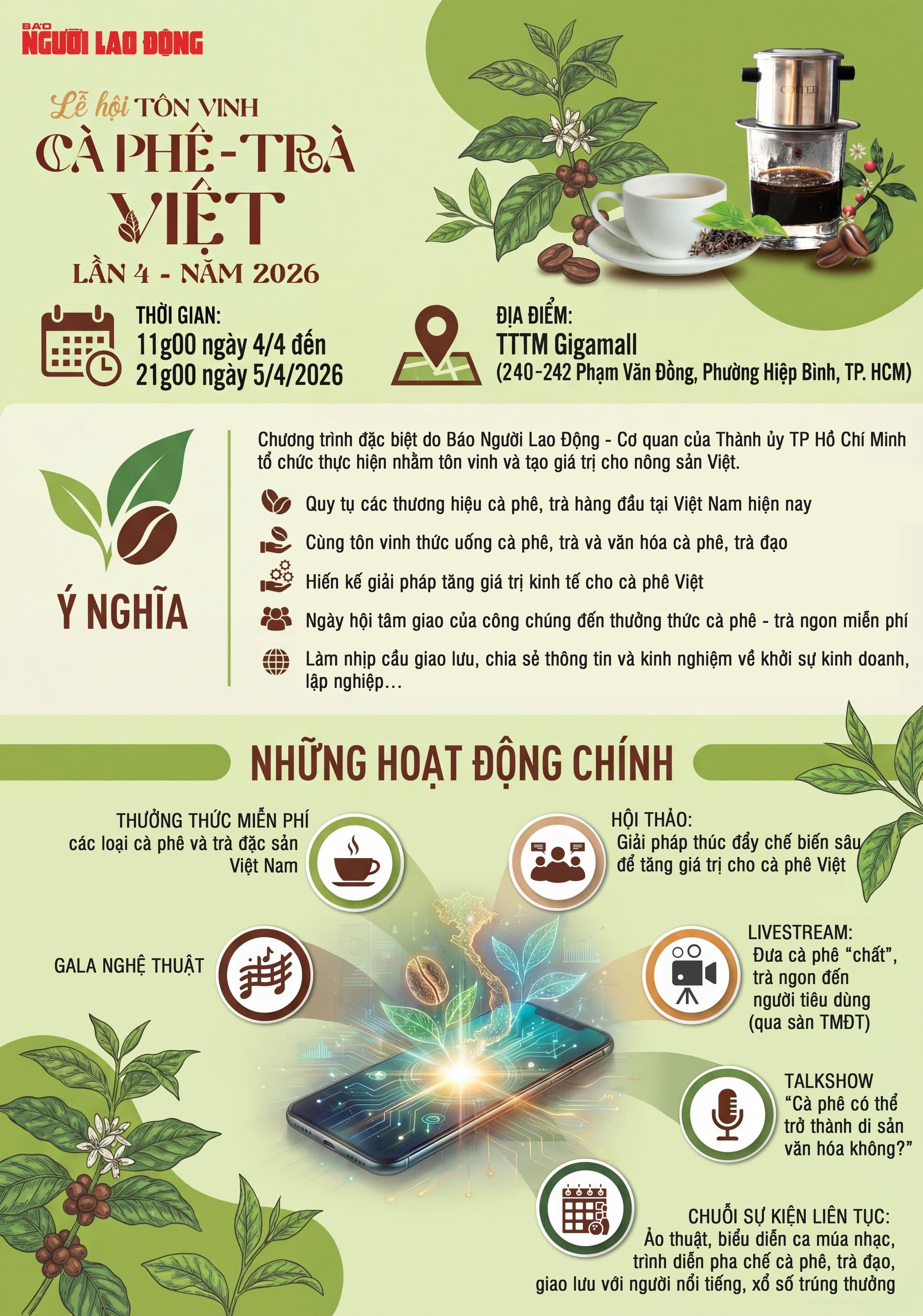 Poster Lễ hội Tôn vinh Cà phê - Trà Việt lần 4, nơi Giải Mai Vàng tri ân được trao.