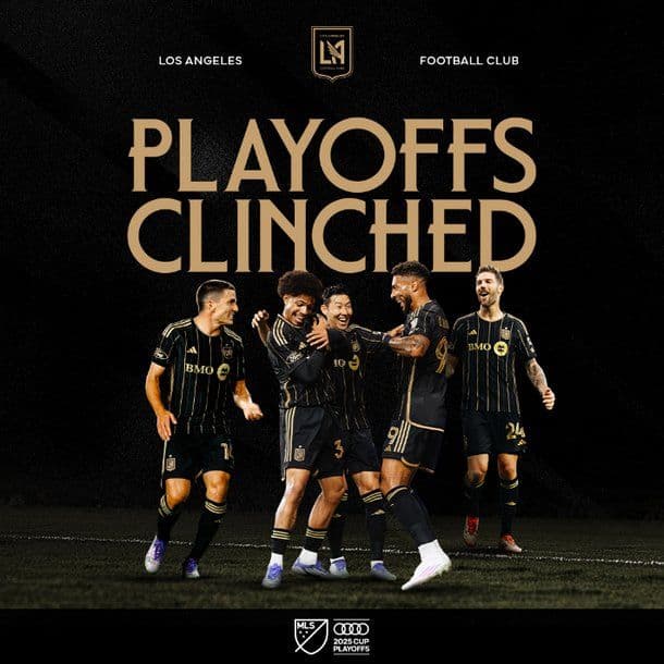 Poster LAFC "Playoffs Clinched" với các cầu thủ ăn mừng chiến thắng và suất dự playoff.