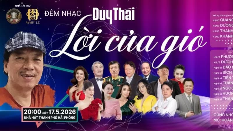 Poster đêm nhạc 'Duy Thái và Lời của gió' tại Nhà hát Thành phố Hải Phòng, với hình ảnh nhạc sĩ Duy Thái và các nghệ sĩ khác.