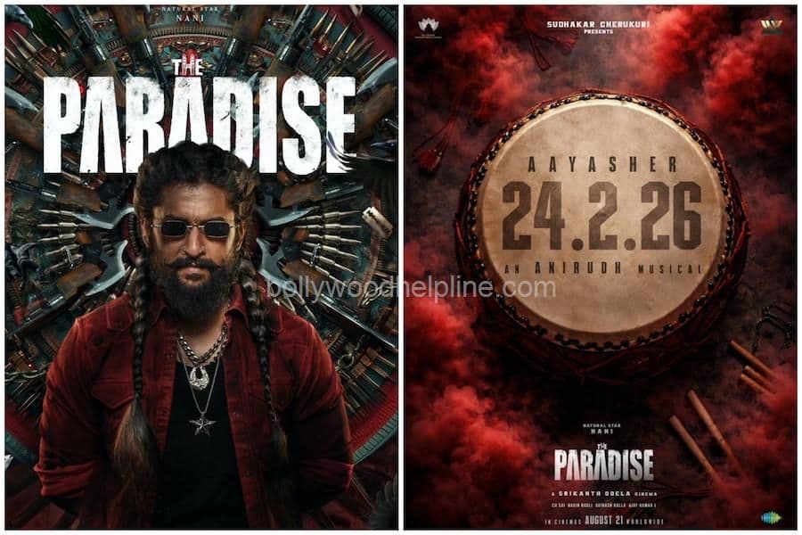 Poster phim 'The Paradise' với diễn viên Nani trong trang phục nhân vật Jadal mạnh mẽ và hình ảnh chiếc trống.