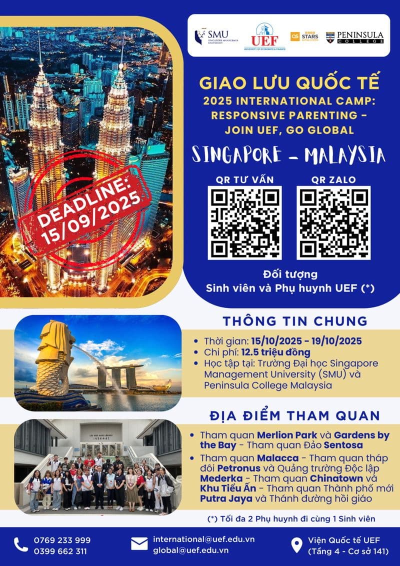 Poster quảng bá chương trình trại hè quốc tế 2025 của UEF tại Singapore và Malaysia, mở rộng cơ hội học tập toàn cầu.
