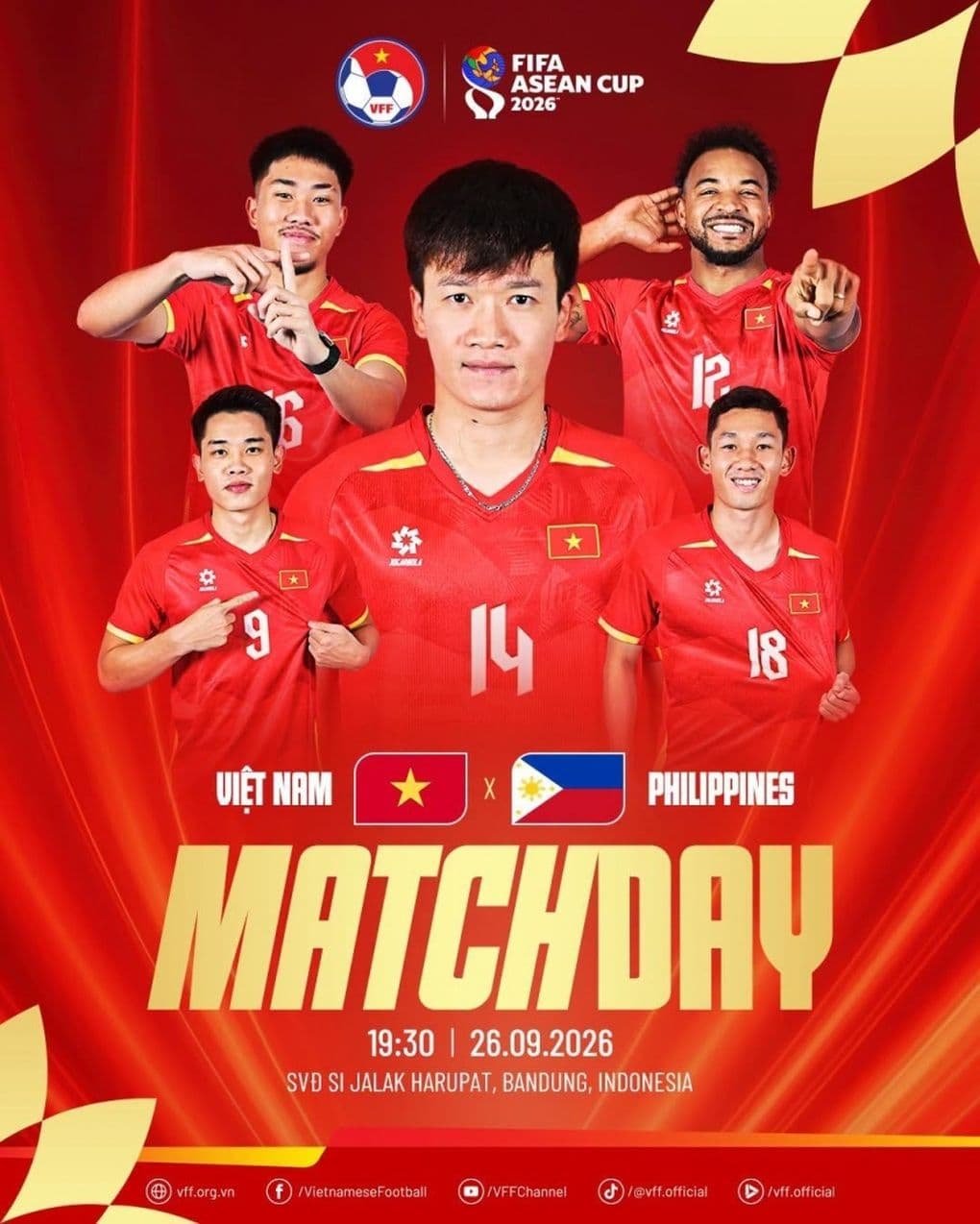 Poster quảng bá FIFA ASEAN Cup 2026 với hình ảnh các cầu thủ đội tuyển Việt Nam, biểu tượng giải đấu và thông tin trận đấu