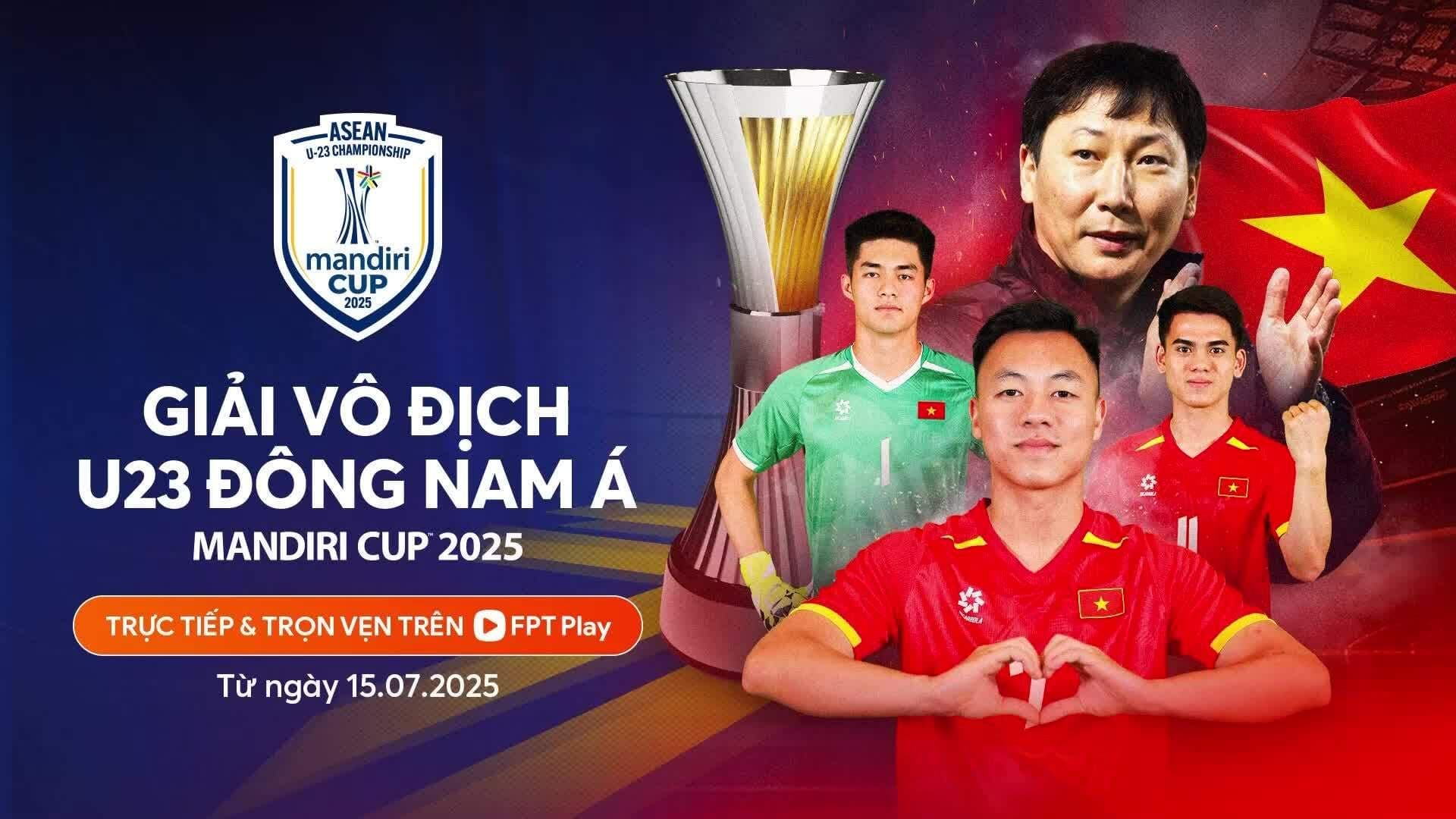 Poster quảng bá giải U23 Đông Nam Á 2025 với hình ảnh HLV Kim Sang Sik và các cầu thủ U23 Việt Nam.