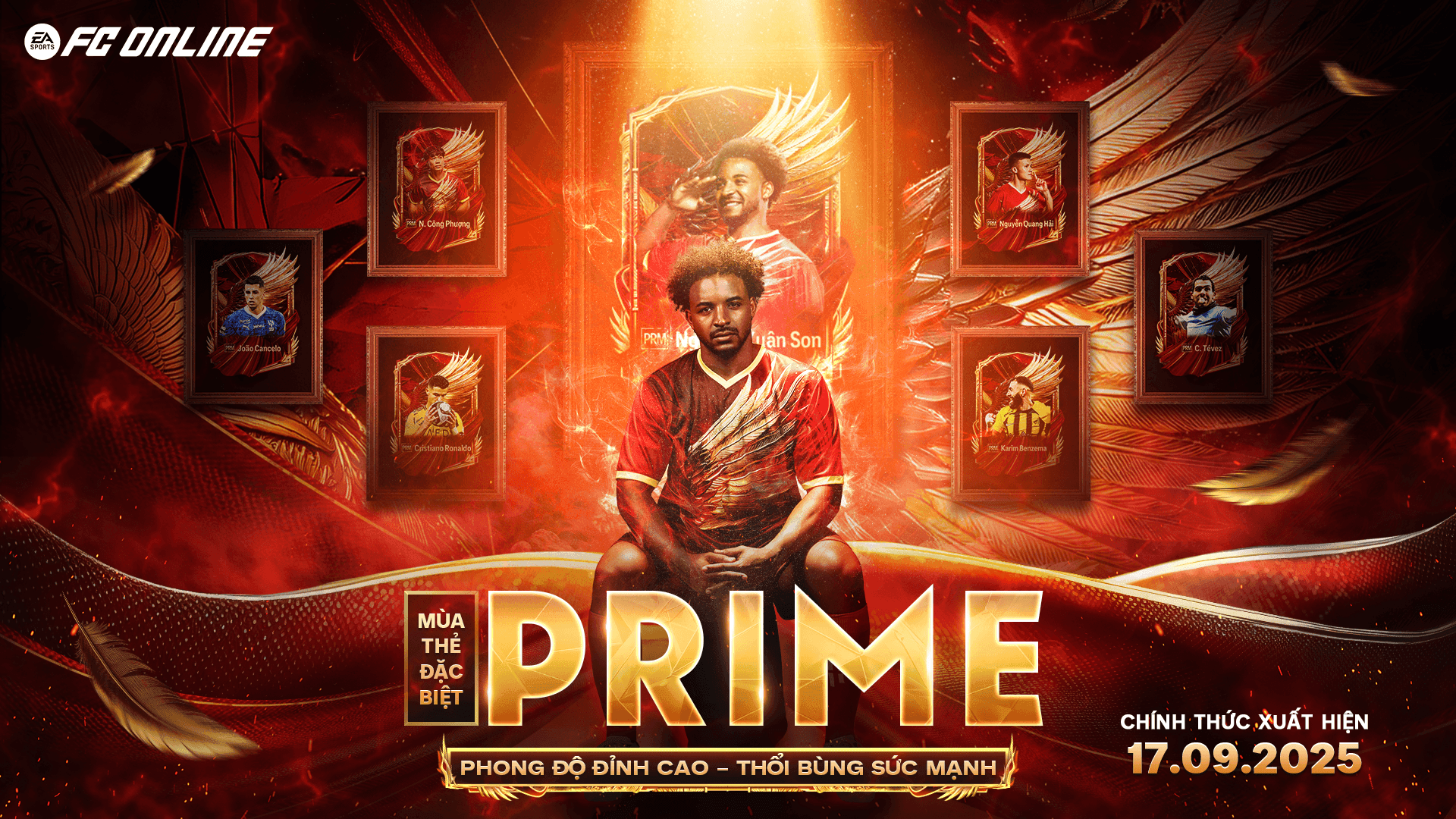 Poster quảng bá sự kiện FC Online với cầu thủ Nguyễn Xuân Son ngồi trung tâm, cùng các thẻ cầu thủ PRIME Nguyễn Quang Hải và Nguyễn Công Phượng, và dòng chữ 'Mùa Thẻ Đặc Biệt PRIME' và ngày ra mắt 17.09.2025.
