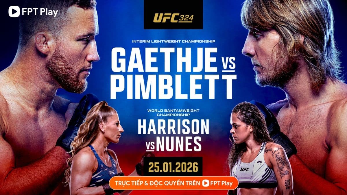Poster quảng bá sự kiện UFC 324 GAETHJE vs PIMBLETT 2 và HARRISON vs NUNES, phát sóng độc quyền trên FPT Play tại Việt Nam.