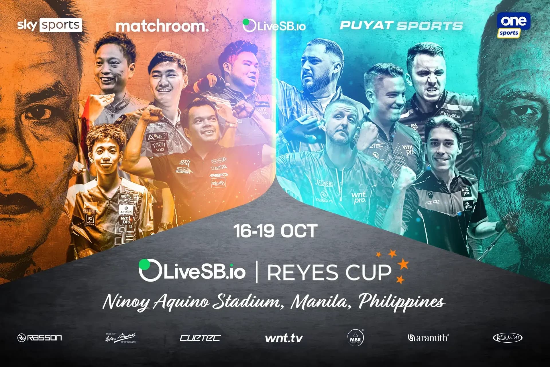 Poster quảng cáo Reyes Cup 2025 tại Manila, Philippines với hình ảnh các cơ thủ hàng đầu.