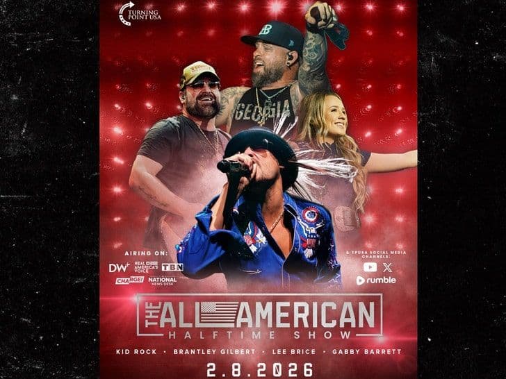 Poster quảng cáo 'The All-American Halftime Show' với Kid Rock và các nghệ sĩ ủng hộ Trump, chương trình thay thế Super Bowl