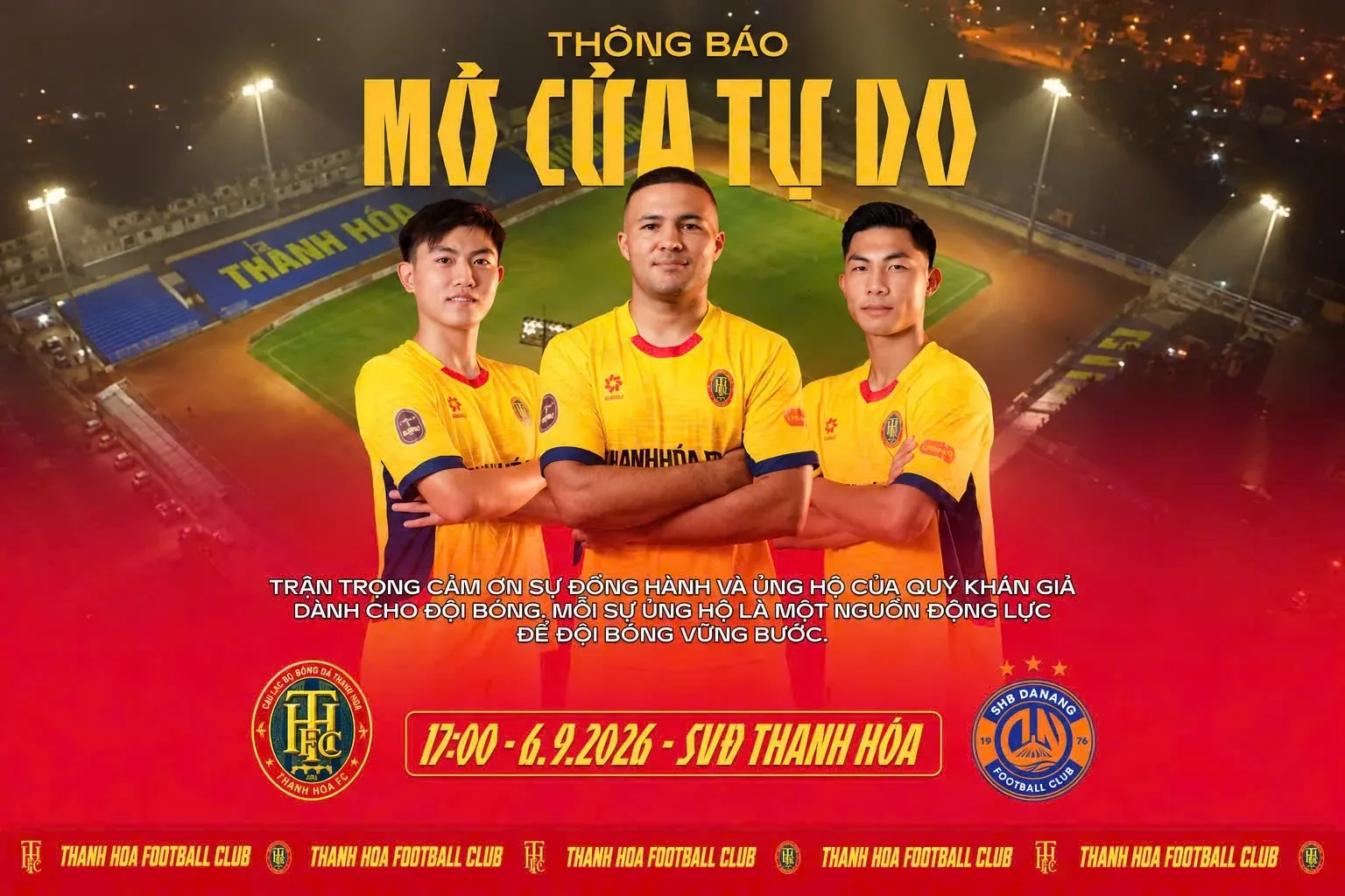 Poster thông báo CLB Thanh Hóa mở cửa tự do sân vận động cho trận đấu với Đà Nẵng.