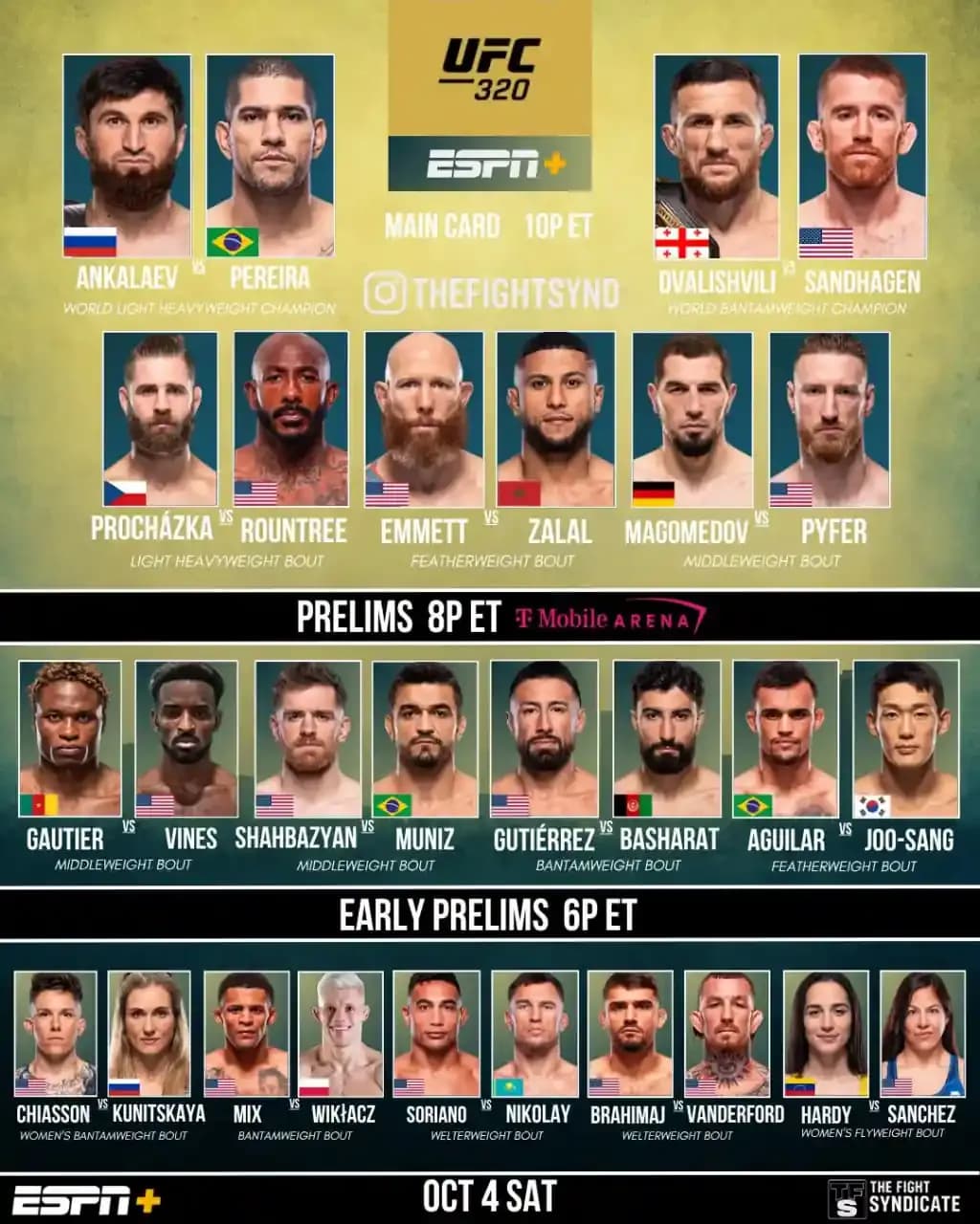 Poster toàn bộ lịch thi đấu UFC 320 với các cặp đấu chính, sơ bộ và sớm.