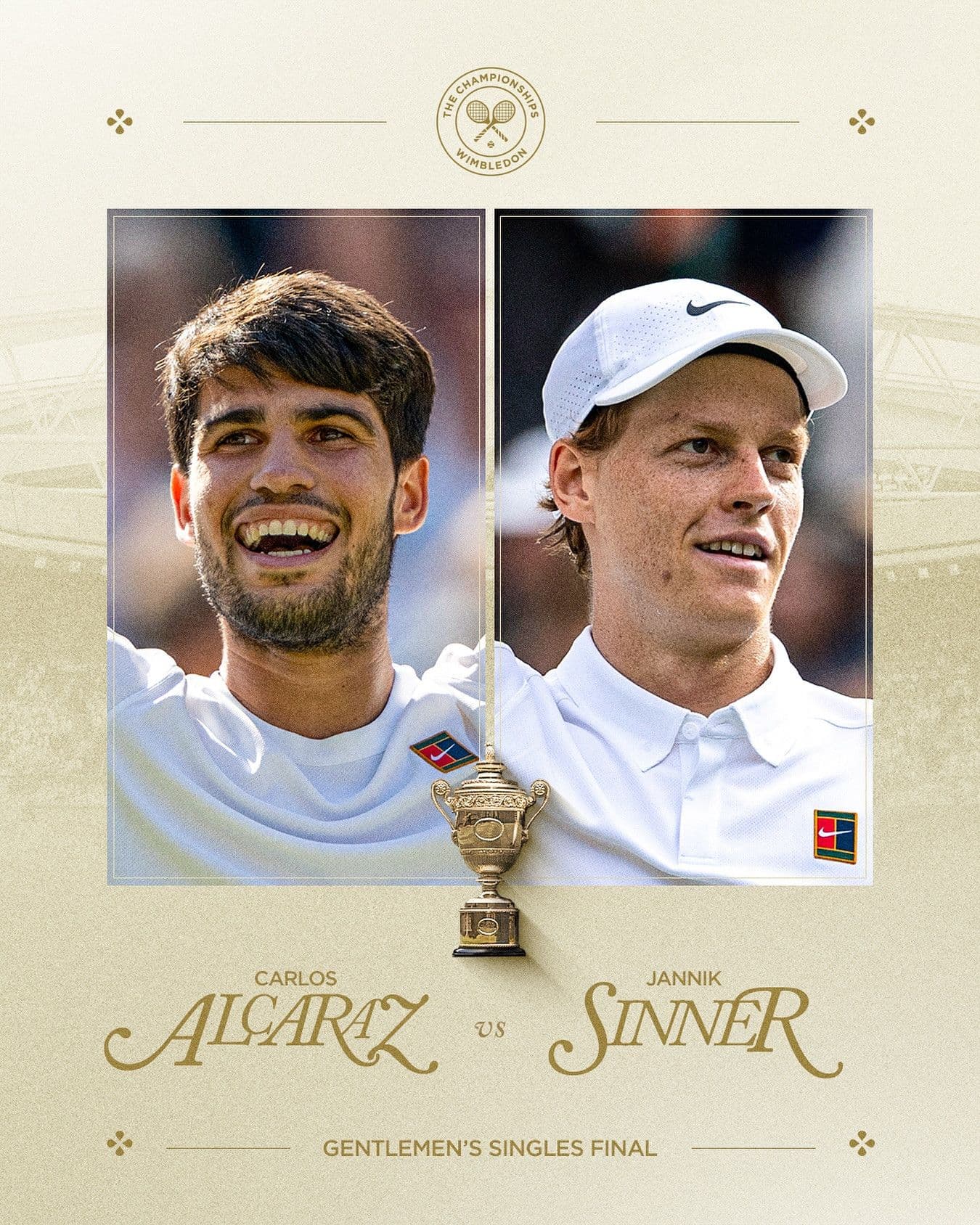 Poster trận chung kết Wimbledon 2025 giữa Carlos Alcaraz và Jannik Sinner, biểu tượng kỷ nguyên mới quần vợt.
