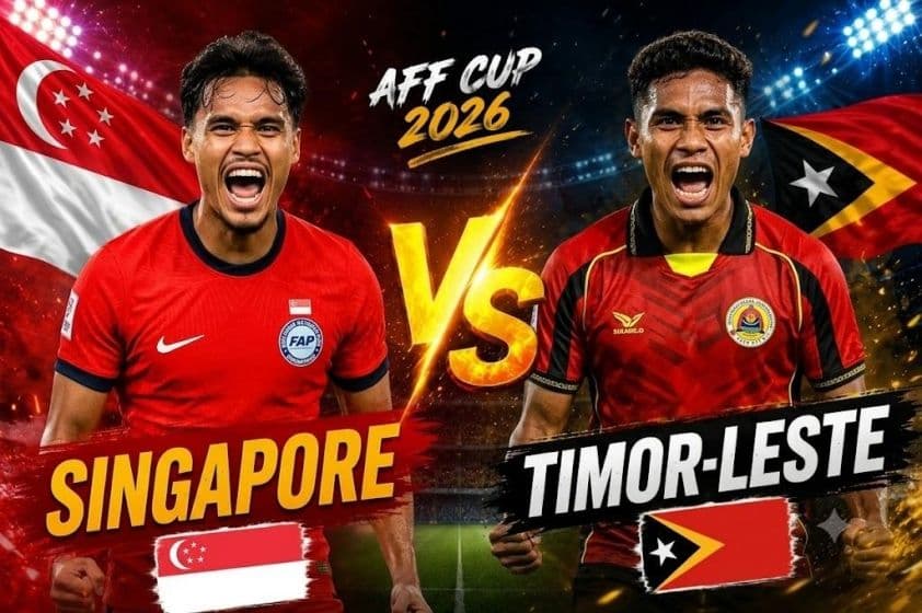 Poster trận đấu AFF Cup 2026 giữa Singapore và Timor Leste, với hình ảnh cầu thủ đại diện hai đội và quốc kỳ.