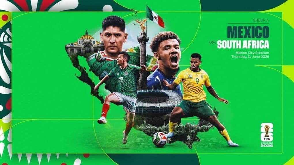 Poster trận đấu Mexico và Nam Phi tại World Cup 2026, minh họa các đội tuyển tranh tài trong thể thức mới