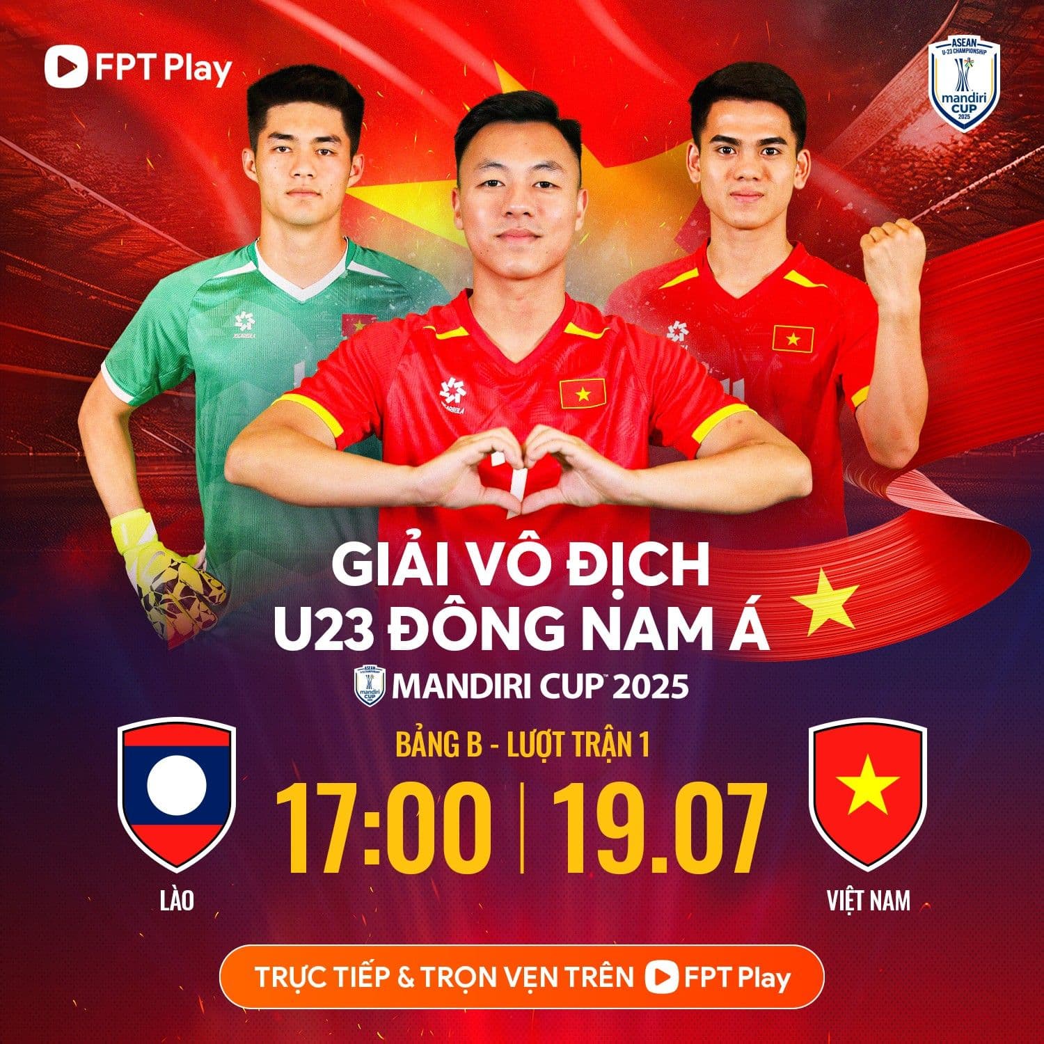 Poster trận đấu U23 Việt Nam gặp U23 Lào tại Giải vô địch U23 Đông Nam Á 2025.