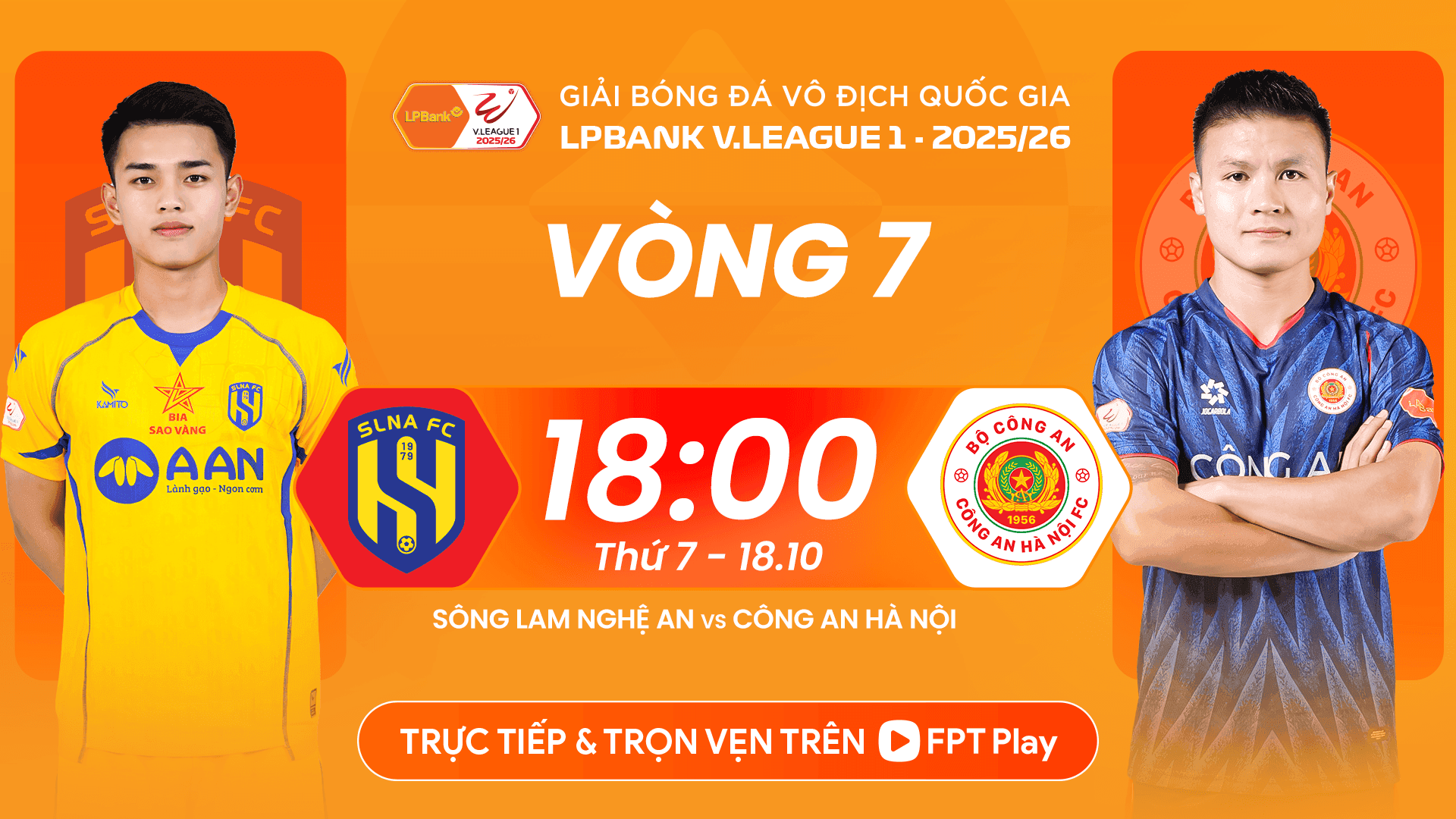Poster trận đấu Vòng 7 V-League 2025-2026 giữa Sông Lam Nghệ An (áo vàng) và Công An Hà Nội (áo đỏ).
