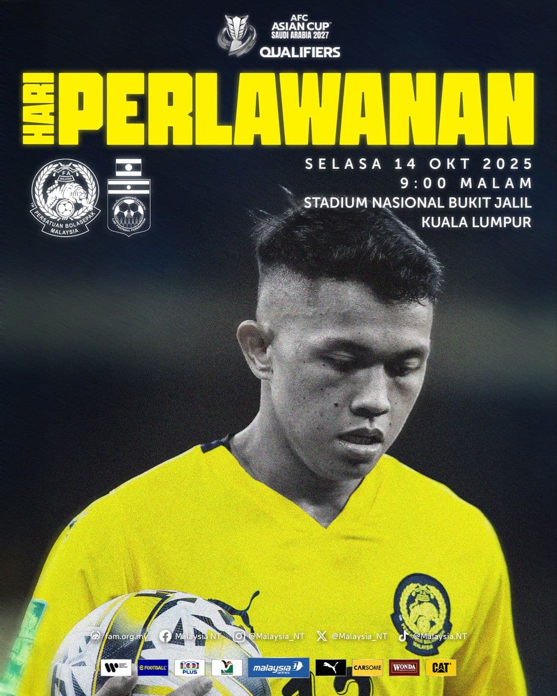 Poster trận đấu vòng loại Asian Cup 2027 giữa Malaysia và Lào tại sân Bukit Jalil