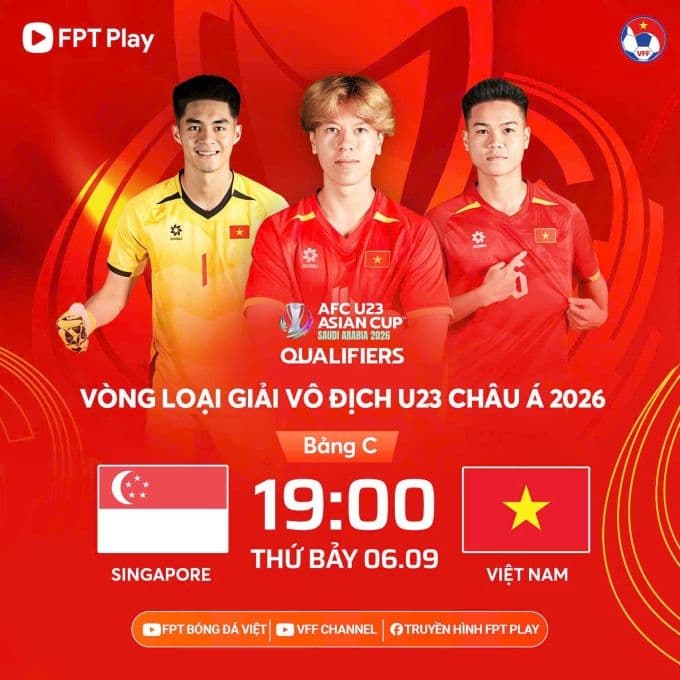 Poster trận đấu vòng loại U23 châu Á giữa U23 Singapore và U23 Việt Nam.