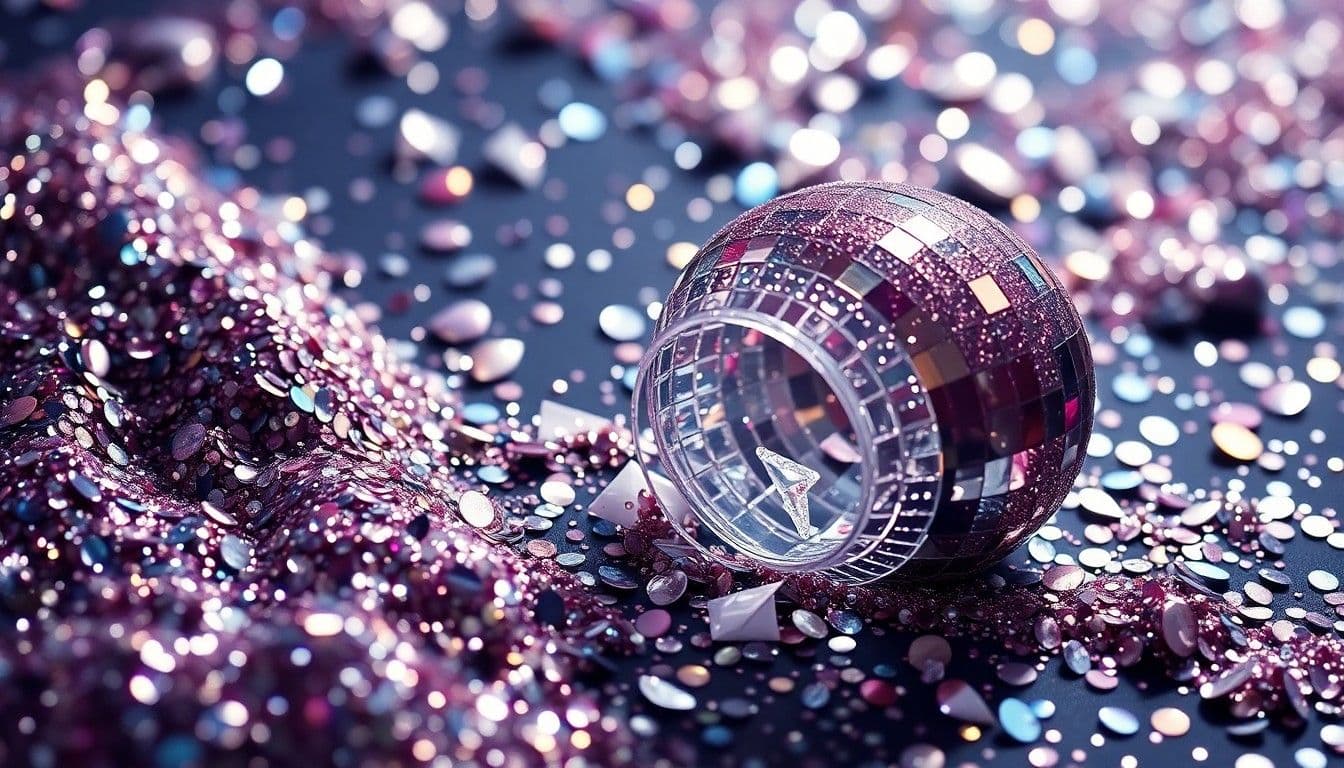 Quả cầu disco lấp lánh giữa những hạt kim tuyến tím, tượng trưng cho sự hào nhoáng và năng lượng của lễ hội âm nhạc Coachella.