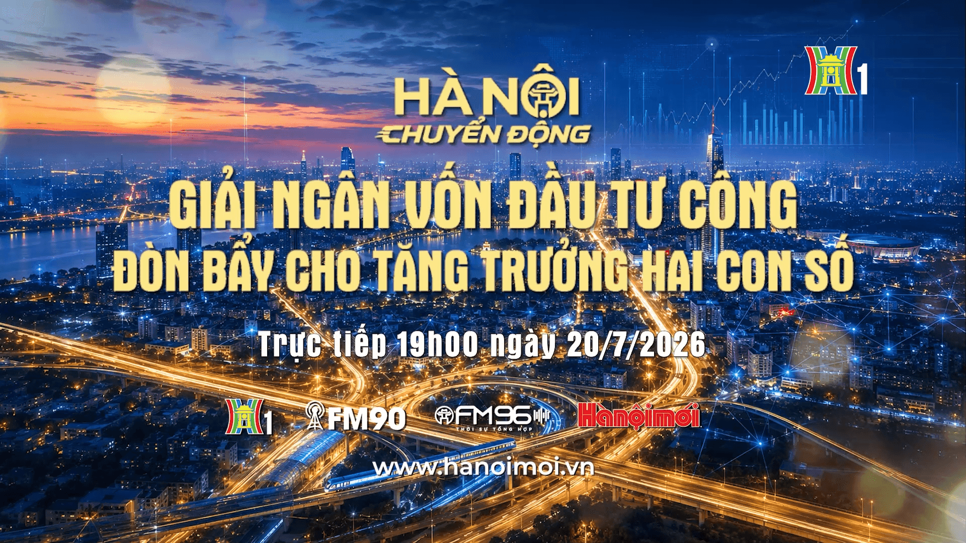 Quang cảnh thành phố Hà Nội về đêm với các tuyến đường sáng đèn, cùng đồ họa về giải ngân vốn đầu tư công, thể hiện tầm nhìn phát triển đô thị.