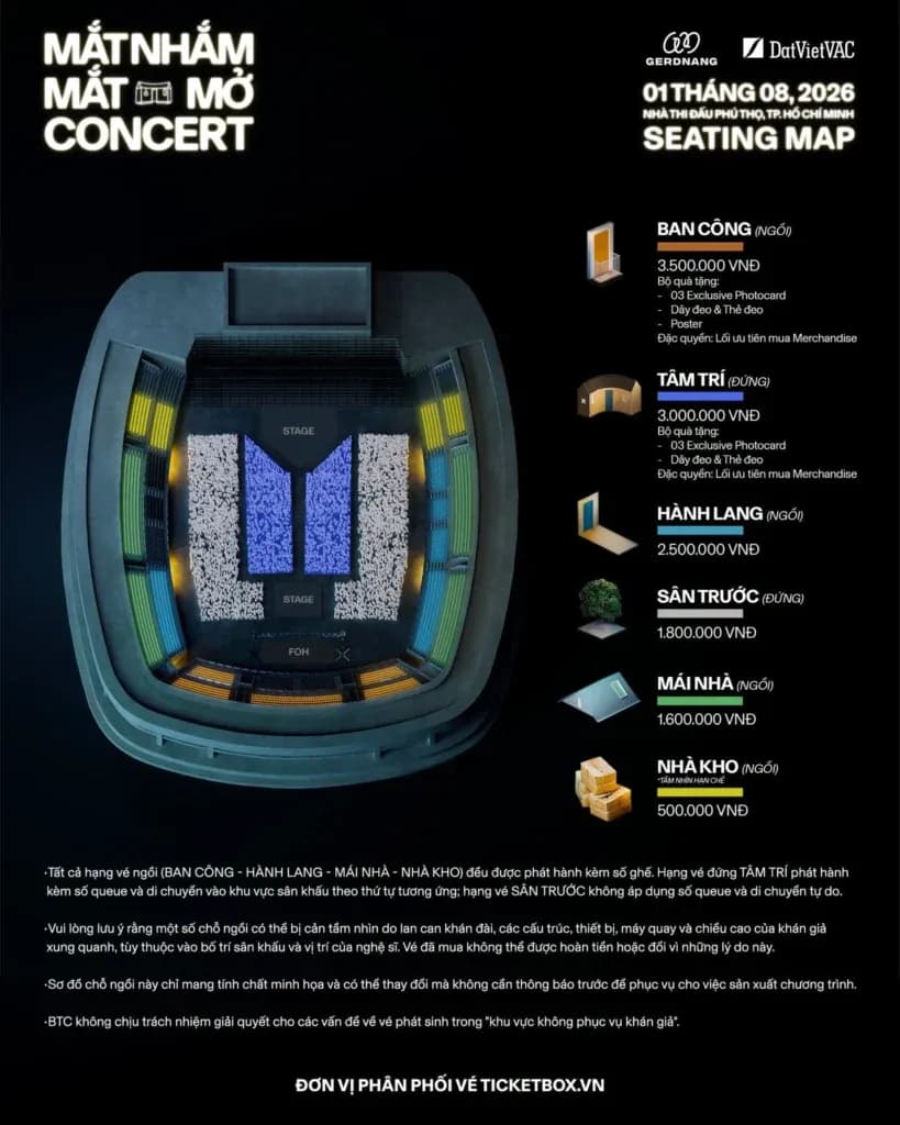Sơ đồ chỗ ngồi concert Mắt Nhắm Mắt Mở tại Nhà Thi Đấu Phú Thọ, minh họa sức chứa hạn chế