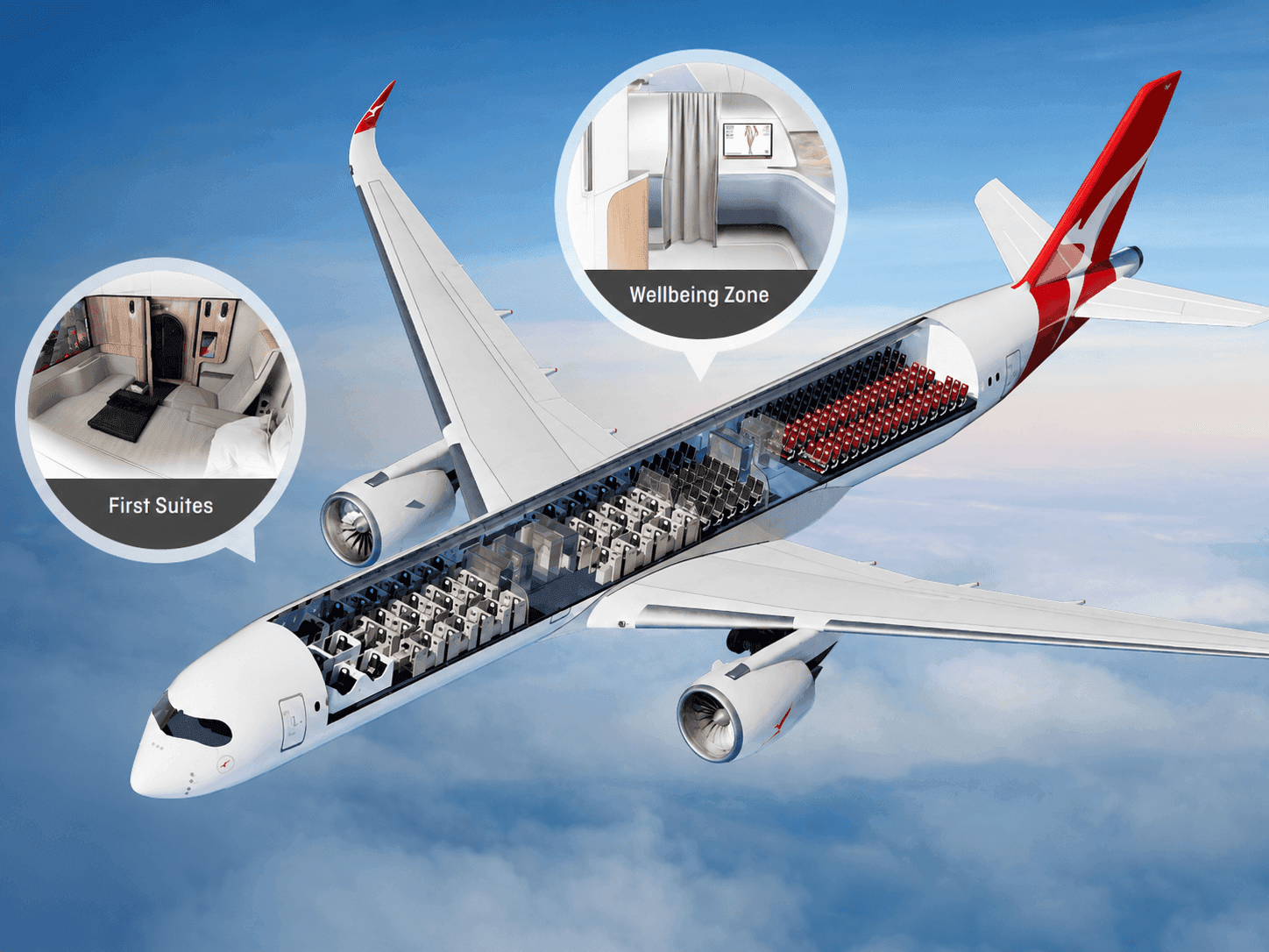 Sơ đồ cắt ngang máy bay Airbus A350 của Qantas với các khu vực First Suites và Wellbeing Zone, thể hiện cải tiến không gian cabin cho chuyến bay dài.