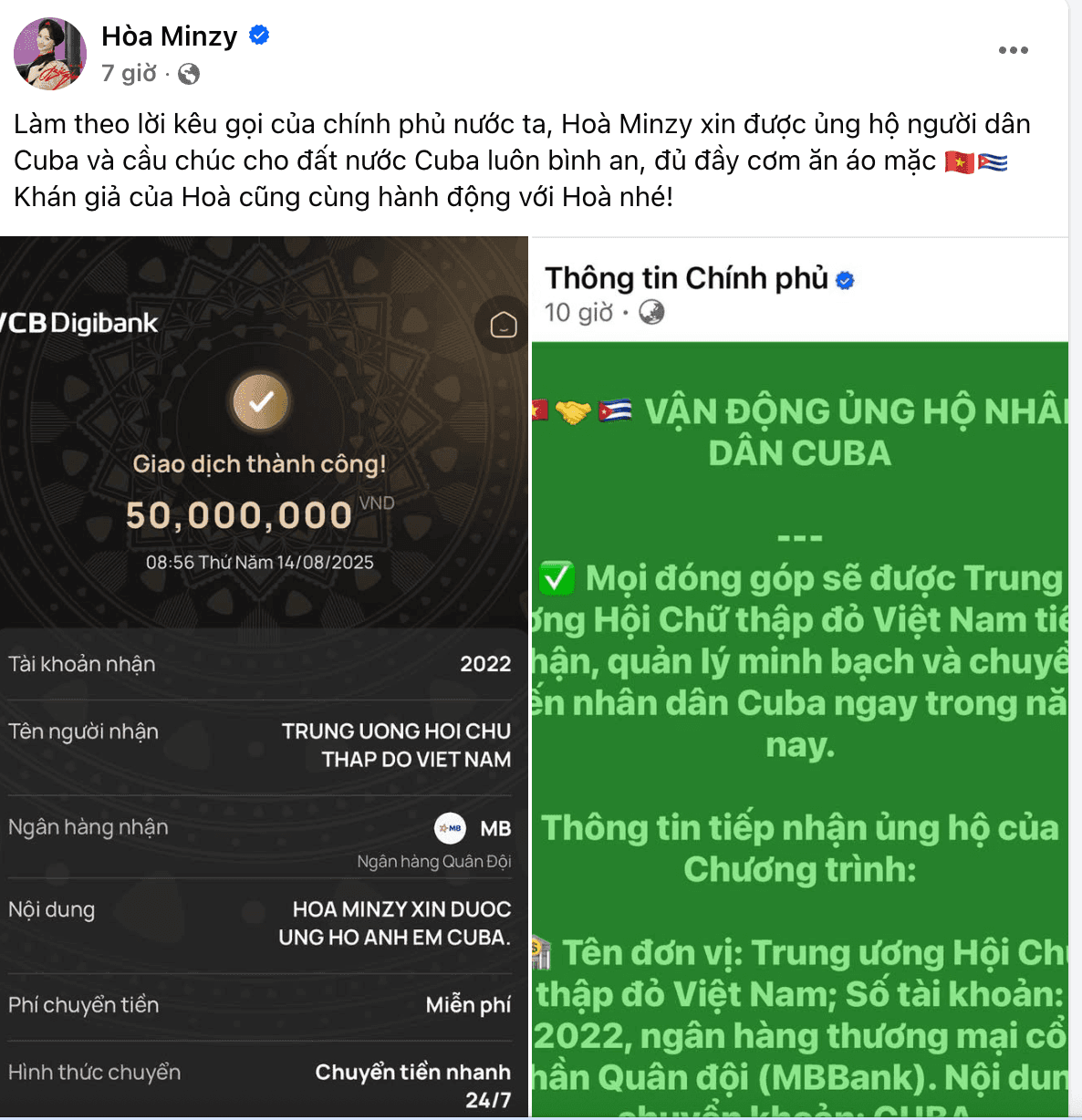 Sao kê ủng hộ của ca sĩ Hòa Minzy và thông tin về chương trình quyên góp của Hội Chữ thập đỏ Việt Nam.