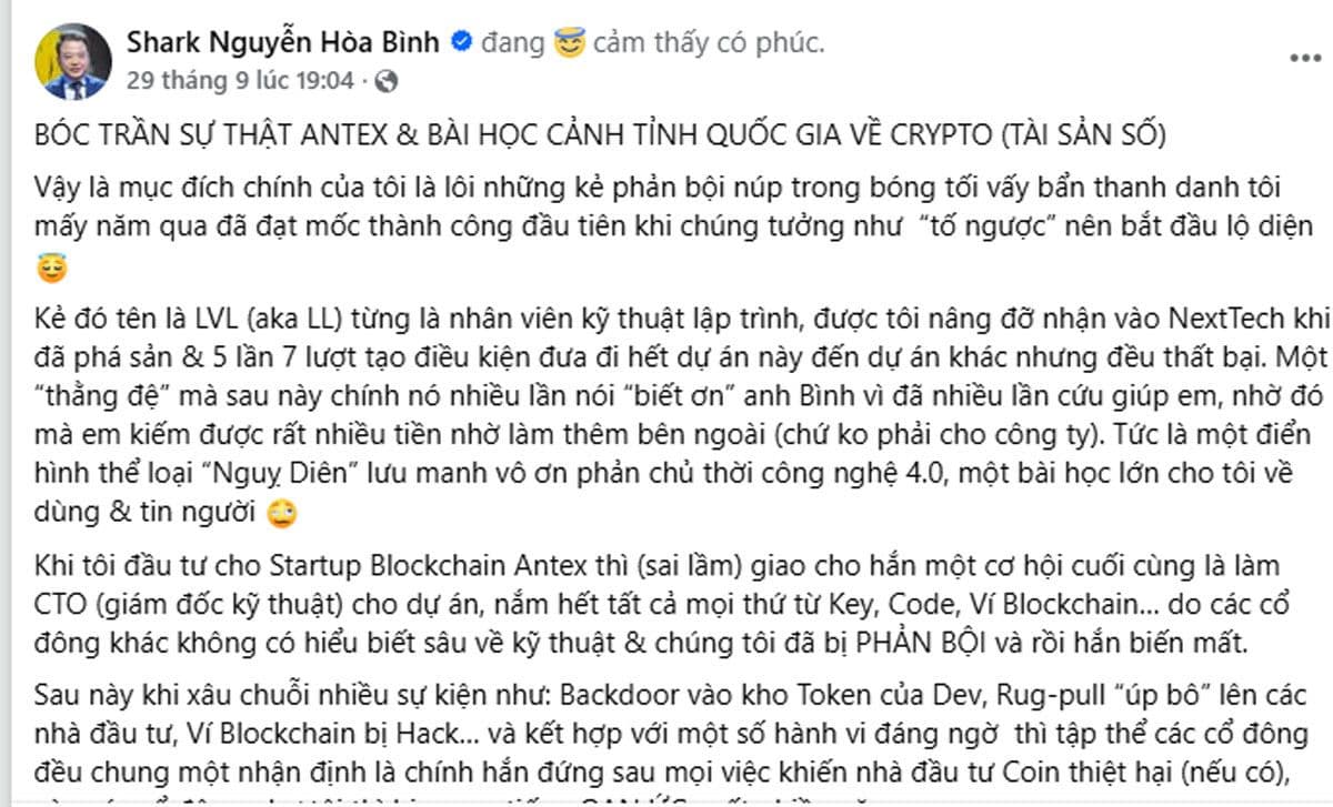 Shark Bình đăng bài viết trên Facebook cá nhân về vụ AntEX, bóc trần sự thật và bài học cảnh tỉnh về crypto.