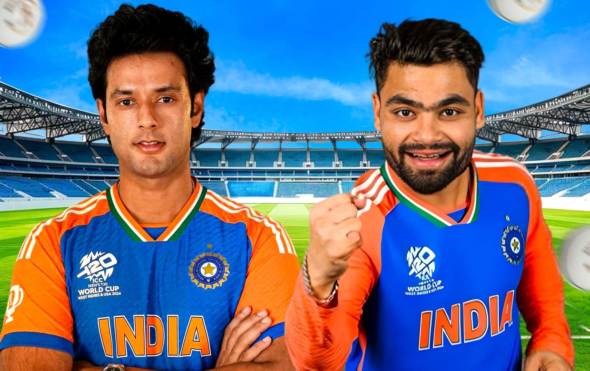 Shivam Dube và Rinku Singh trong trang phục cricket Ấn Độ, đứng trên sân vận động, tượng trưng cho cuộc cạnh tranh vị trí.