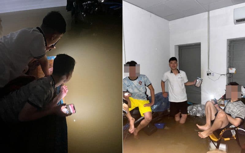 Sinh viên ngồi trong phòng trọ ngập nước đến đầu gối, thể hiện sự bất ngờ và khó khăn khi 'khu đất cao' bị thất thủ.