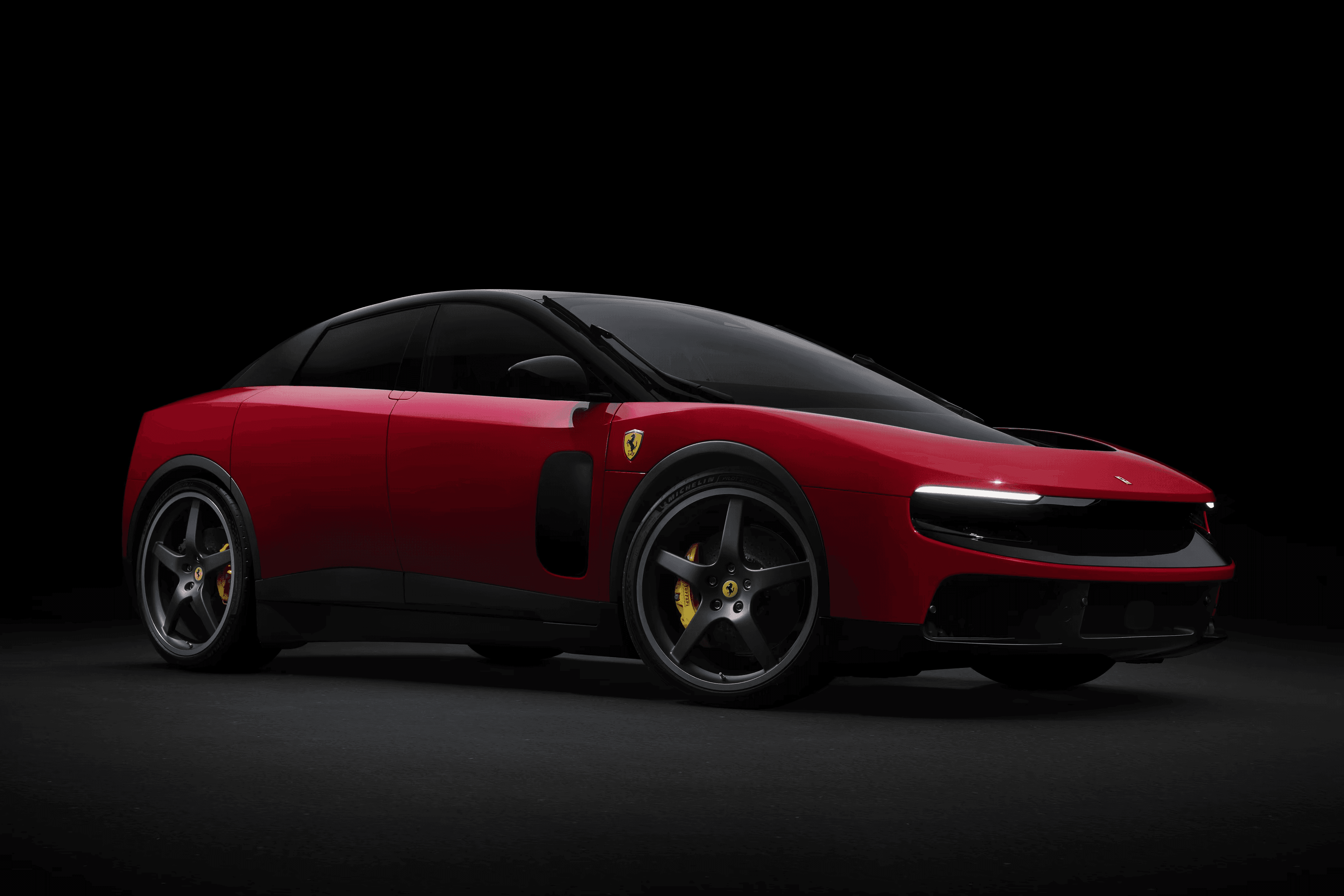 Siêu xe điện Ferrari Luce màu đỏ, đại diện cho công nghệ xe điện tiên tiến trong hệ sinh thái giao thông bền vững