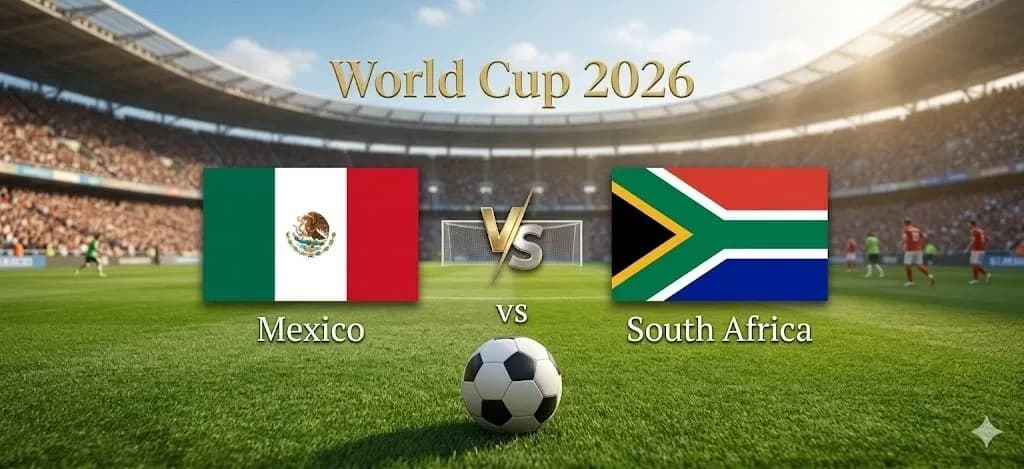 Sân vận động bóng đá với cờ Mexico và Nam Phi, tượng trưng cho quy mô và sự đa dạng của các trận đấu tại World Cup 2026.
