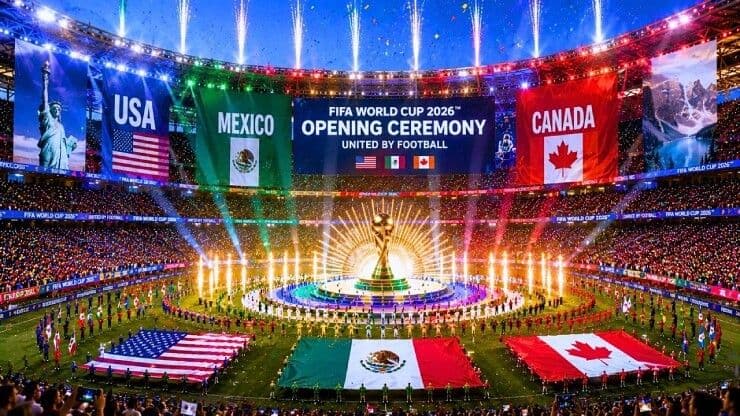 Sân vận động hoành tráng với cờ các nước chủ nhà và cúp FIFA tại lễ khai mạc World Cup 2026