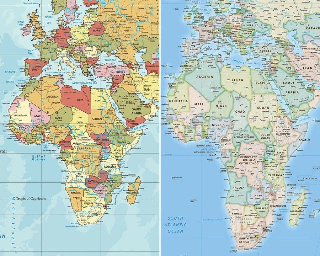 So sánh bản đồ châu Phi theo phép chiếu Mercator và Equal Earth, minh họa sự bóp méo thực tại qua thông tin.